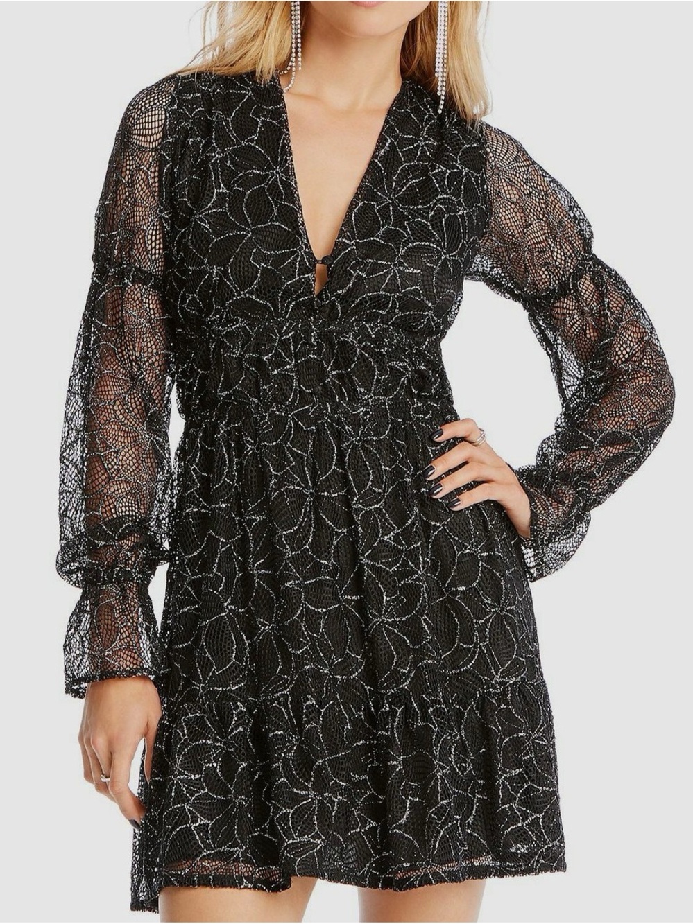 LINI Black Lace Mini Dress with Silver Accents